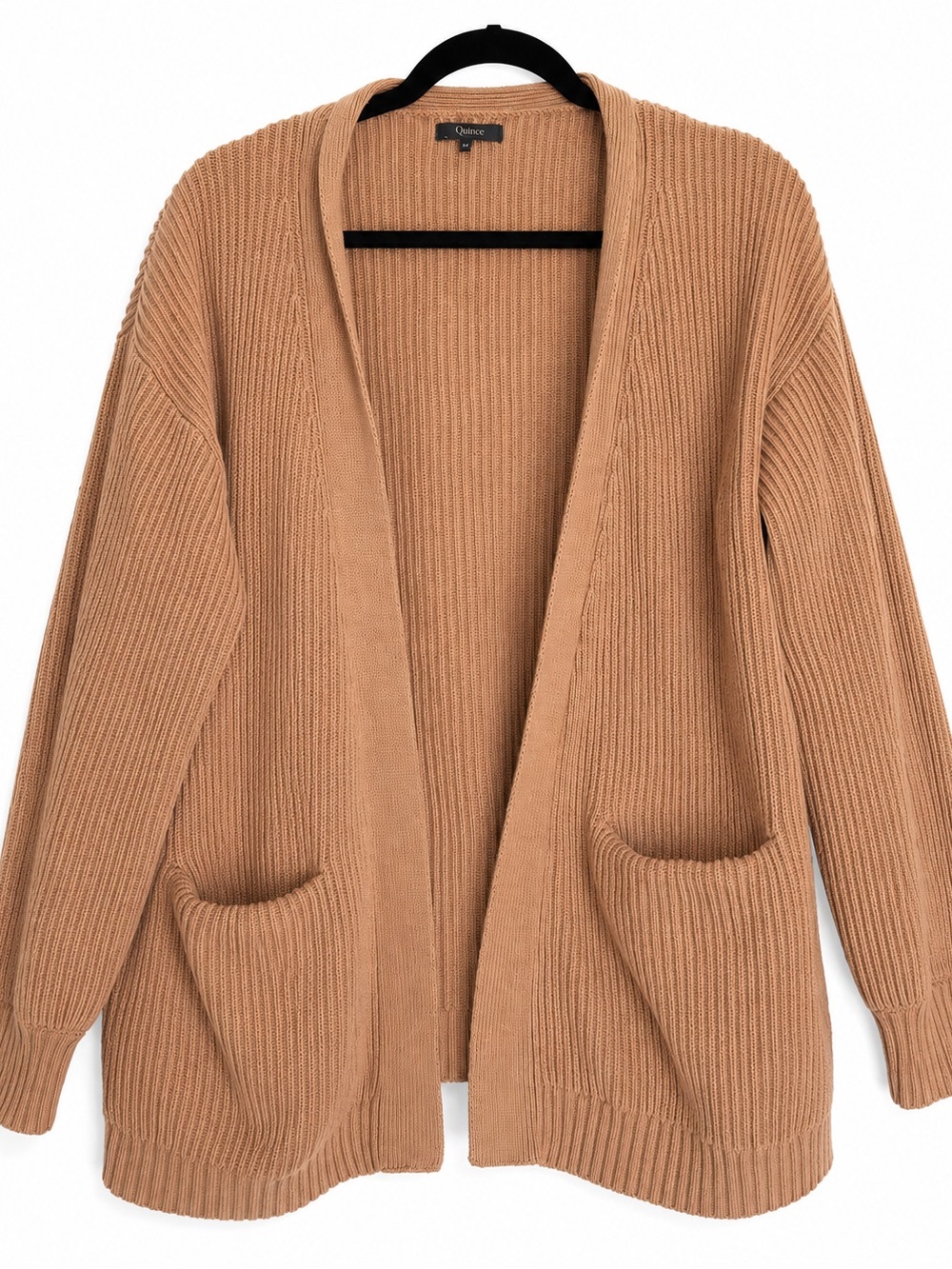 Quince Organic Cotton Rib Knit Open Front Cardigan Sweater Beige M Pockets - Picture 2 of 8